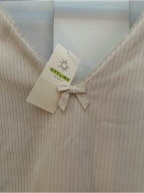 OFFLINE by Aerie Cream Ribbed Top with Bow Accent and Lace around the Neck
